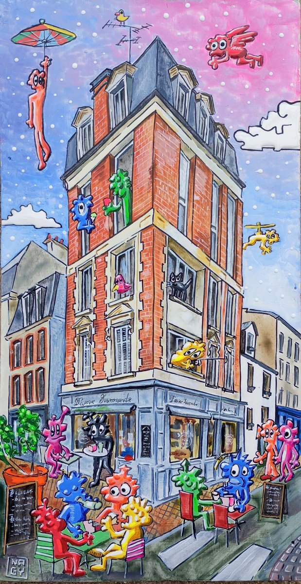 Cartoon Cityscapes Acrylic Painting By Peter Nagy, 7 X 13", Dame Gourmande A Granville, Original Artwork