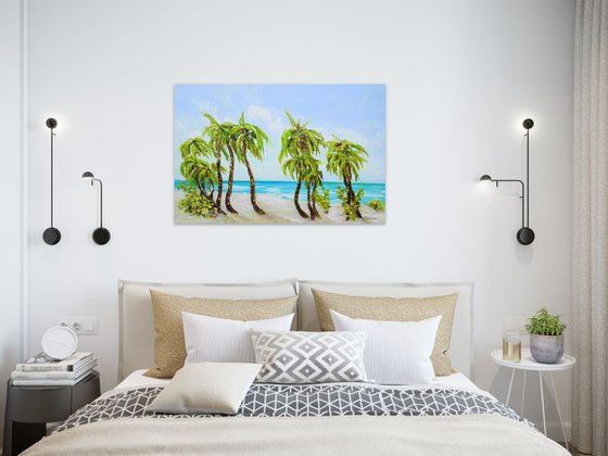 Large Abstract Seascape Painting. Palm trees. Beach, ocean, waves, sky with clouds, sailboats, sailing, yacht.