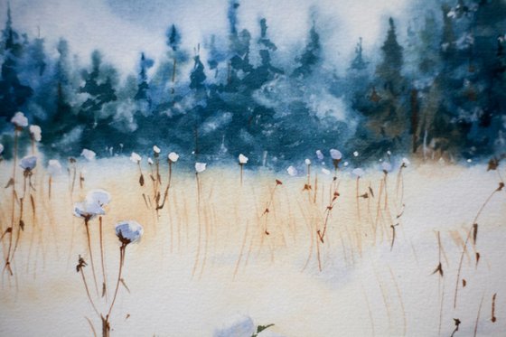 Winter Forest. Small watercolor painting blue mist mountain nature landscape interior decor