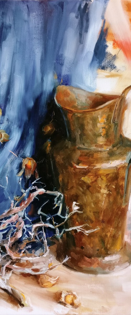 Still life with wrought copper jug and physalis by Leonid Plekhanov