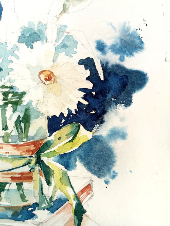 "White flowers on a blue background" - a jar of flowers stands on books modern still life watercolor sketch - series "Artist's Diary"