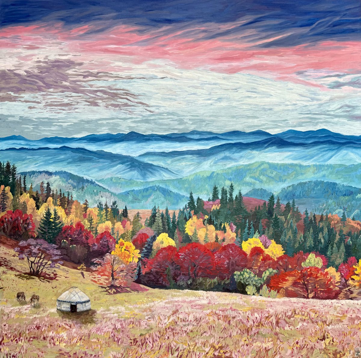 Impressionistic Landscape Oil Painting By Zulfiya Mukhamadeyeva, 39 X 39", Autumn In Homeland, Original Artwork