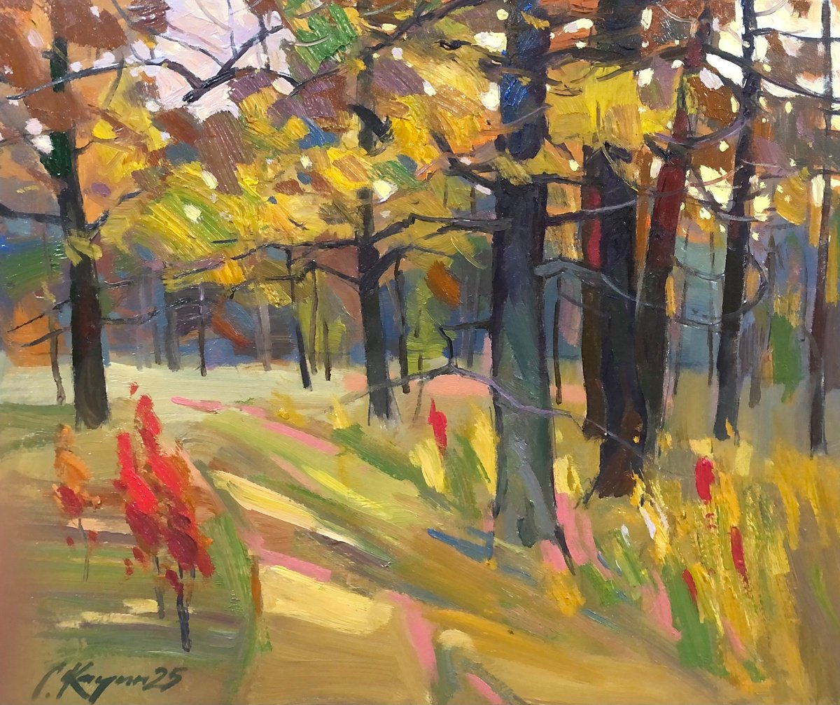 Impressionistic Landscape Acrylic Painting By Sergey Kachin, 26 X 22", Oak Grove, Original Artwork