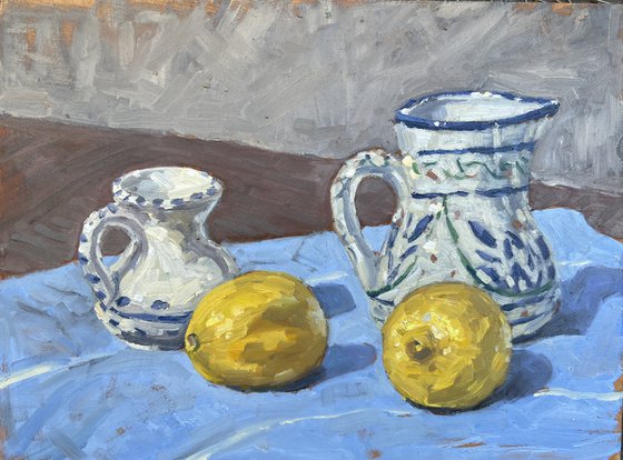 Still life with china and lemons