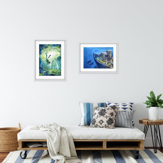 Set of two watercolor artworks.  Divers under water.