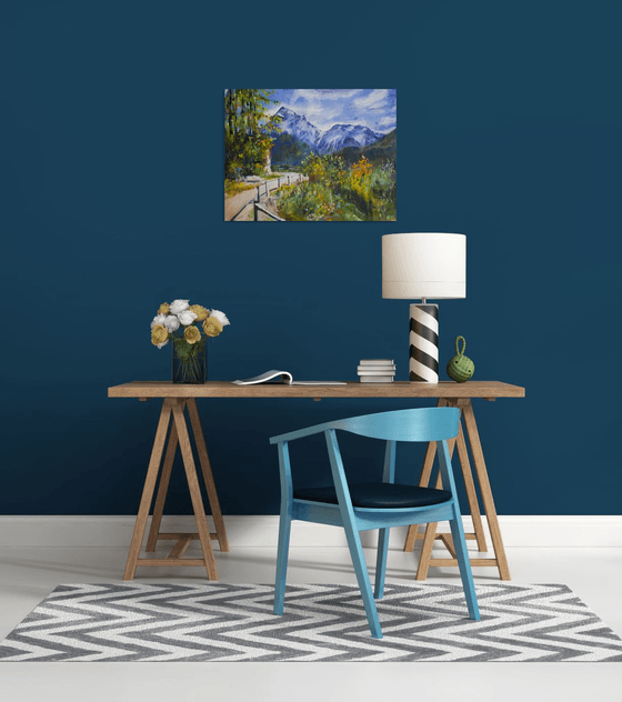 Switzerland. Alpes view. Mountains around ftan. Original oil painting. Contrast bright city mountain landscape view sun light