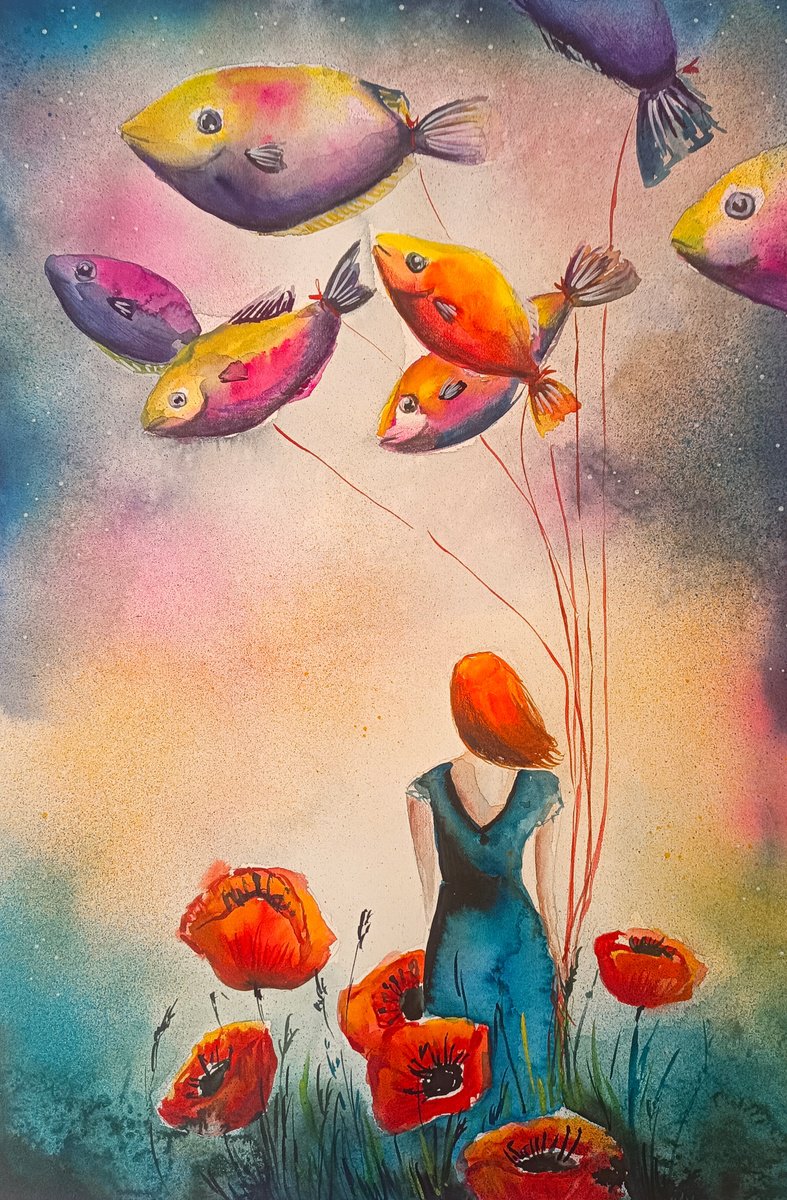 Surrealistic Portrait Painting By Evgenia Smirnova, 15 X 22, Tied To Dreams, Original Artwork