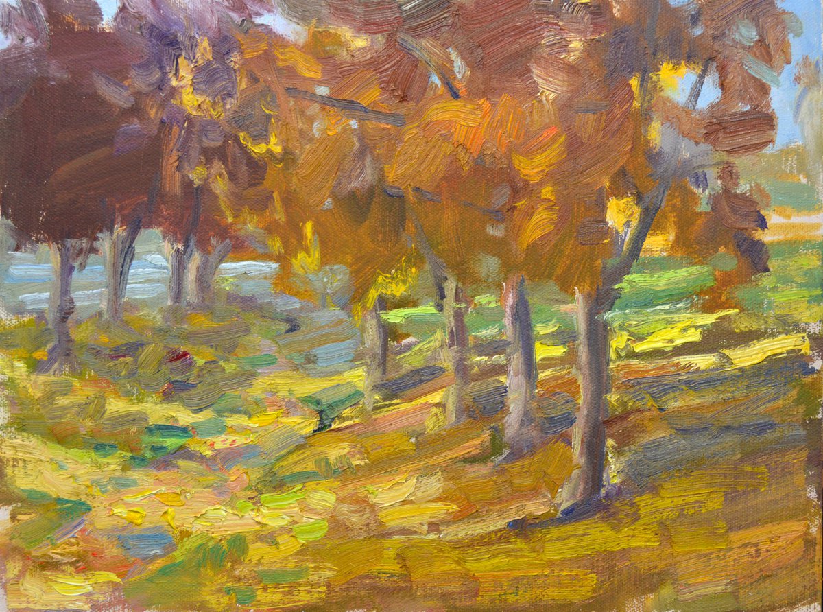 Impressionistic Landscape Oil Painting By Kristina Sellers, 12 X 9", Rusty Leaves, Original Artwork