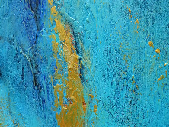 CARIBBEAN DREAM. Teal, Gold, Blue Contemporary Abstract Seascape, Ocean Waves Painting. Modern Textured Art