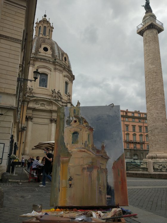 Temple on Piazza Venezia, Rome. Roman Holiday series. Original plein air oil painting .