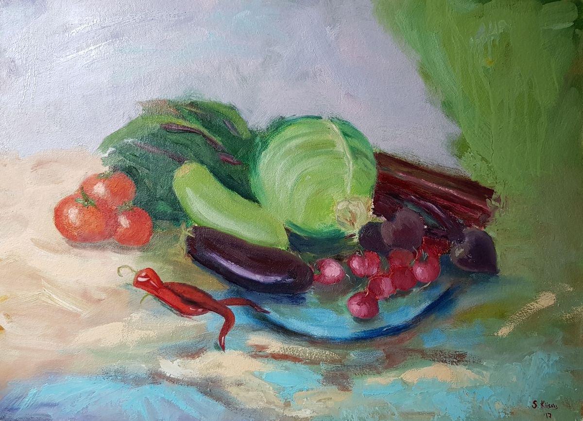 Expressive Still Life Oil Painting By Svetlana Grishkovec-Kiisky, 28 X 20", Vegetable Still Life, Original Artwork