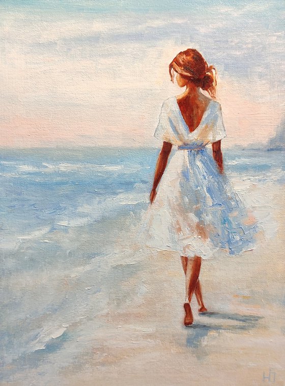 Beach walk, Girl by the sea oil painting
