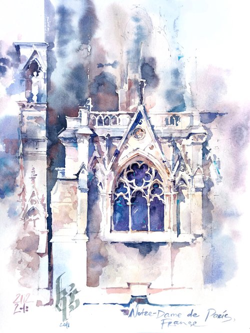 "Gothic window of the cathedral of notre dame in Paris, France"  architectural landscape - Original watercolor painting by Ksenia Selianko