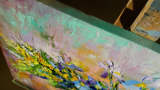 Bouquet with Irises - painting oil impasto art on canvas