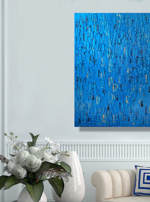BLUE CASCADE - LARGE,  TEXTURED, PALETTE KNIFE ABSTRACT ART – EXPRESSIONS OF ENERGY AND LIGHT. READY TO HANG! by Julijana Ravbar