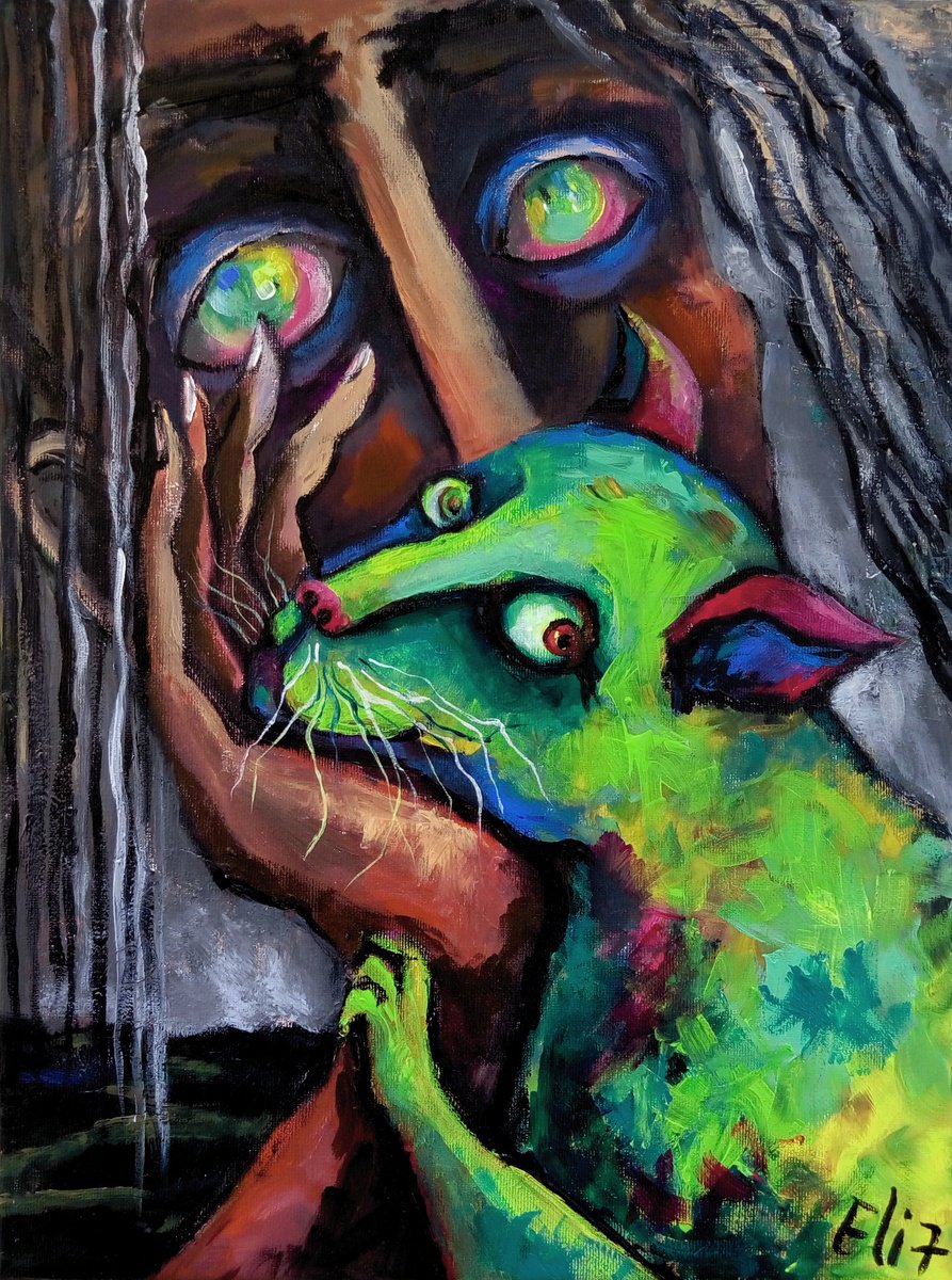 Expressive Animal Acrylic Painting By Elisheva Nesis, 12 X 16, Absinthe Cat, Original Artwork