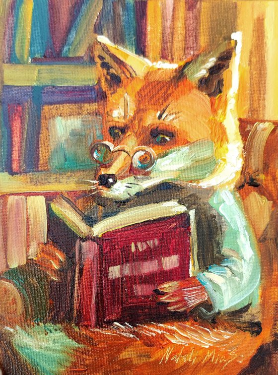Fox is Reading a Book. Oil Painting