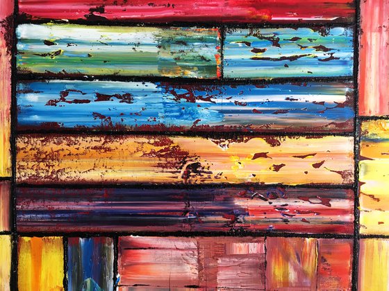 "Building A Fortress" - Original Xt Large PMS Abstract Triptych Oil Paintings On Canvas, Wooden Panels and Wooden Pieces - 108" x 48"