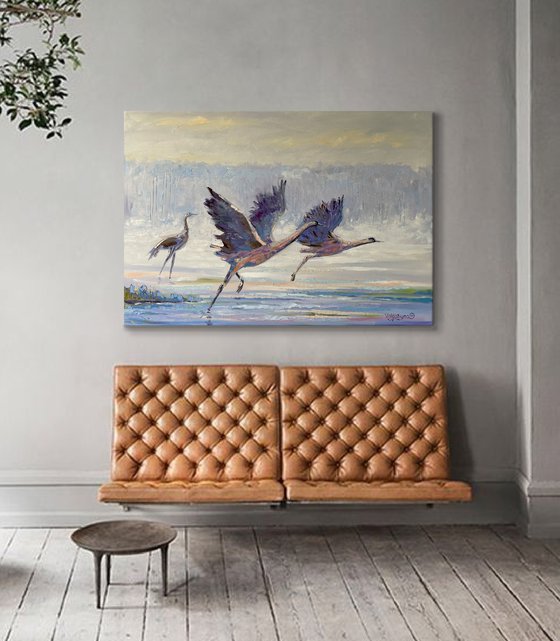 "Flight of birds". Oil painting. Birds in flight