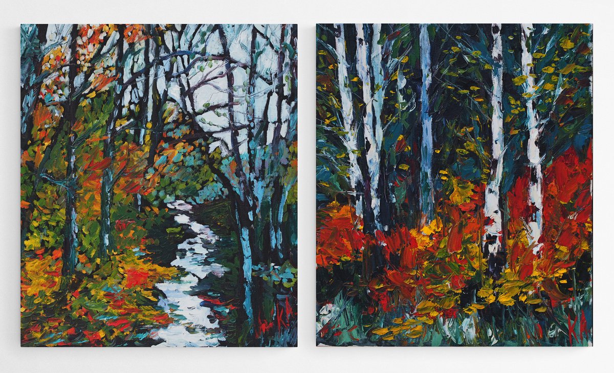 The Magic of Fall Colors - SET OF 2 PAINTINGS - impasto textured original oil diptych, fal... by Alfia Koral