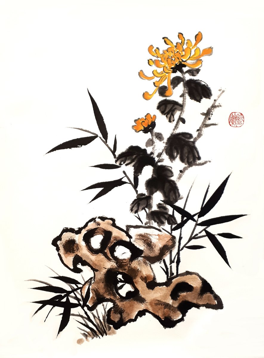 Yellow chrysanthemum and bamboo near the stone - Oriental Chinese Ink Painting by Ilana Shechter