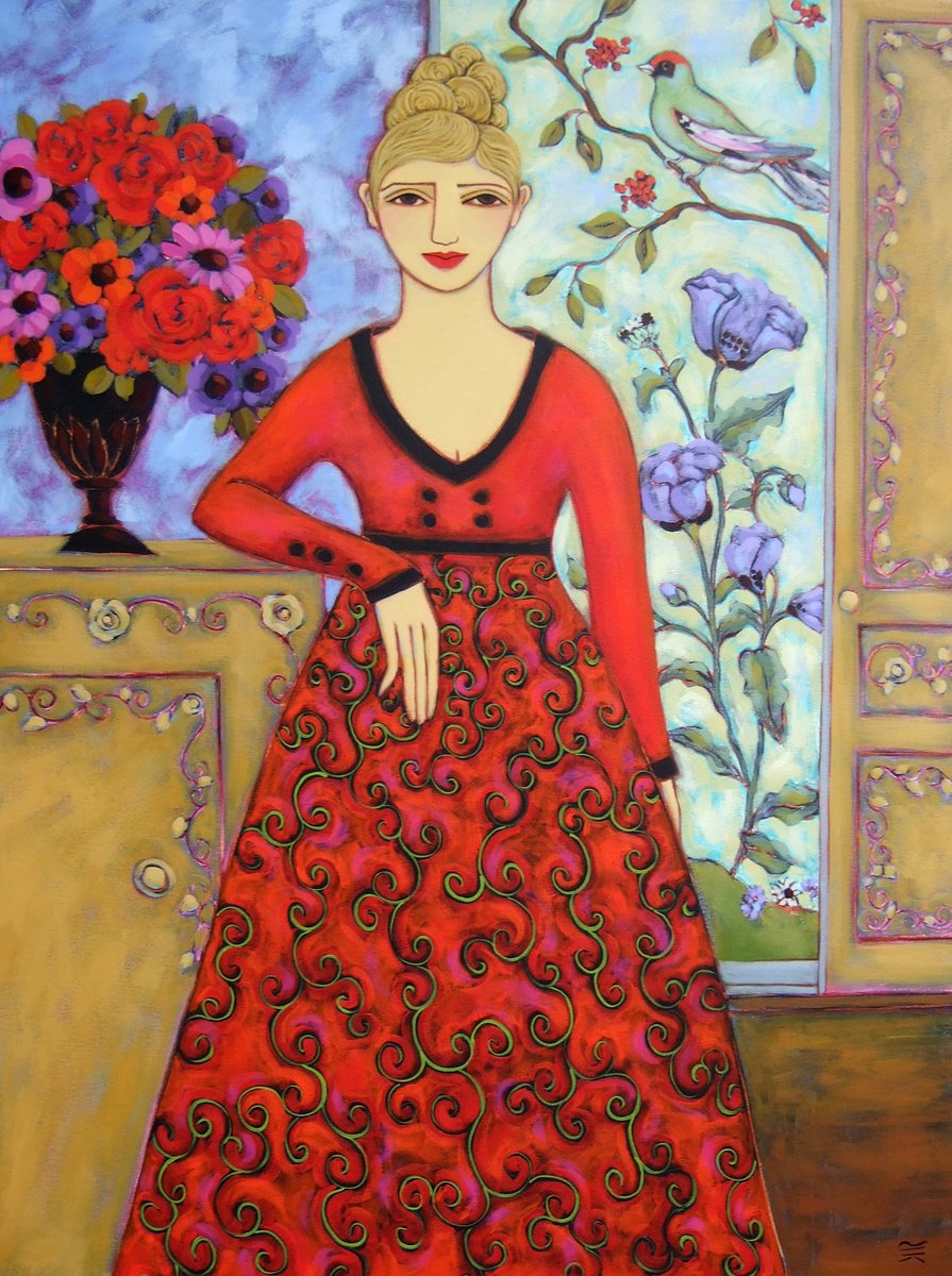 Impressionistic Portrait Acrylic Painting By Karen Rieger, 30 X 40", Woman With Bouquet And Bird, Original Artwork