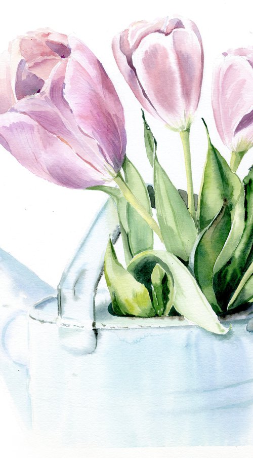 Tulips in a Watering Can by Olga Koelsch