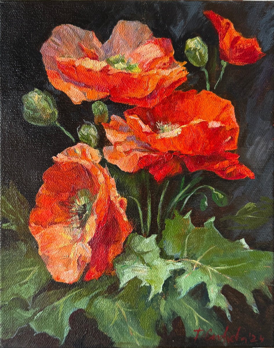 Impressionistic Botanical Oil Painting By Daria Yablon-Soloviova, 9 X 12, Poppies: Flame Ii (Right Panel), Original Artwork