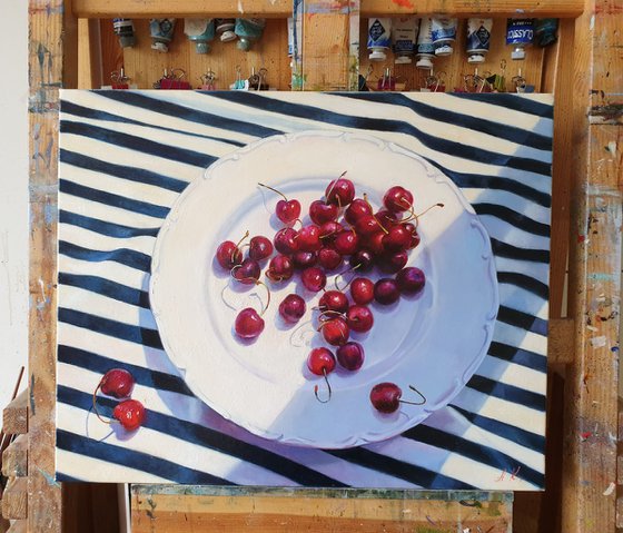 "Ripe sweet cherries."  still life summer plant cherries red  liGHt original painting  GIFT (2020))