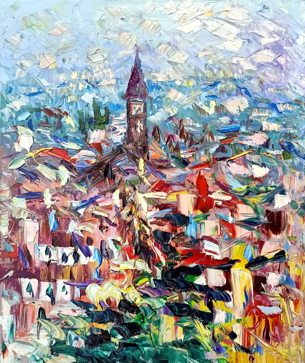 Abstract Oil Painting By Antonino Puliafico, 20 X 24, Campanile E Case, Original Artwork