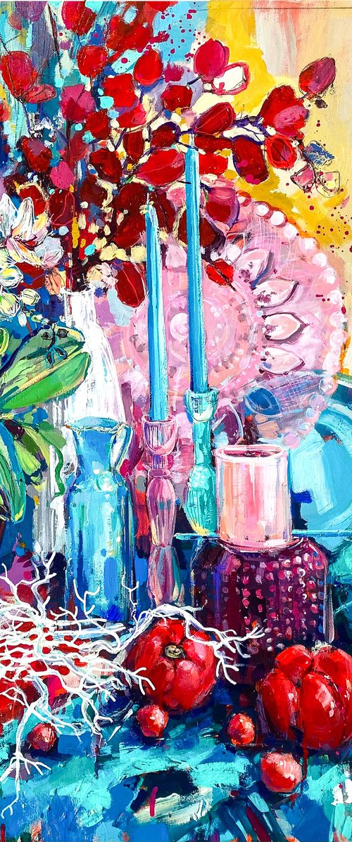 Still Life - Romantic Candles and Vase with Flowers by Irina Rumyantseva