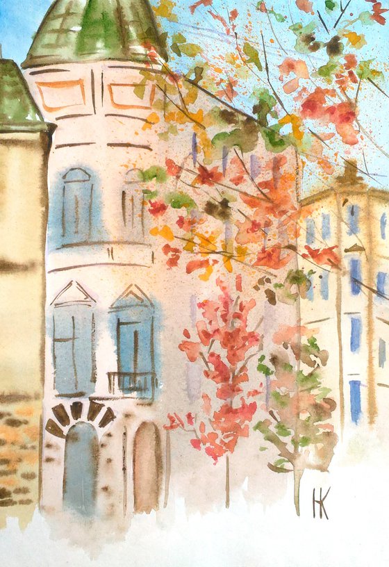 Lviv Painting Ukraine Original Art Fall Small Watercolor Artwork Cityscape Wall Art 8 by 12" by Halyna Kirichenko