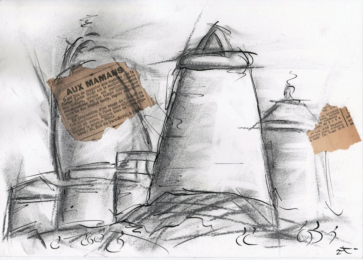 Expressive Still Life Charcoal Drawing By Lionel Le Jeune, 12 X 8", Still Life Aux Mamans, Original Artwork