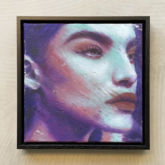 Megan | Oil painting woman modern artwork on canvas purple red green colorful contemporary portrait