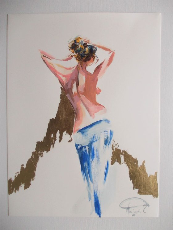 Nude Study -Golden Hour II- Mixed Media Nude Woman  Painting on Paper