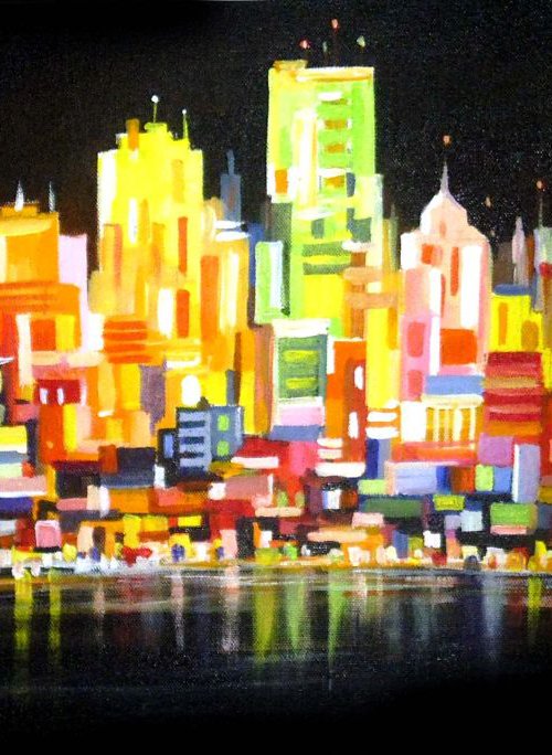 Night Abstract Cityscape-Acrylic on Canvas Painting by Samiran Sarkar