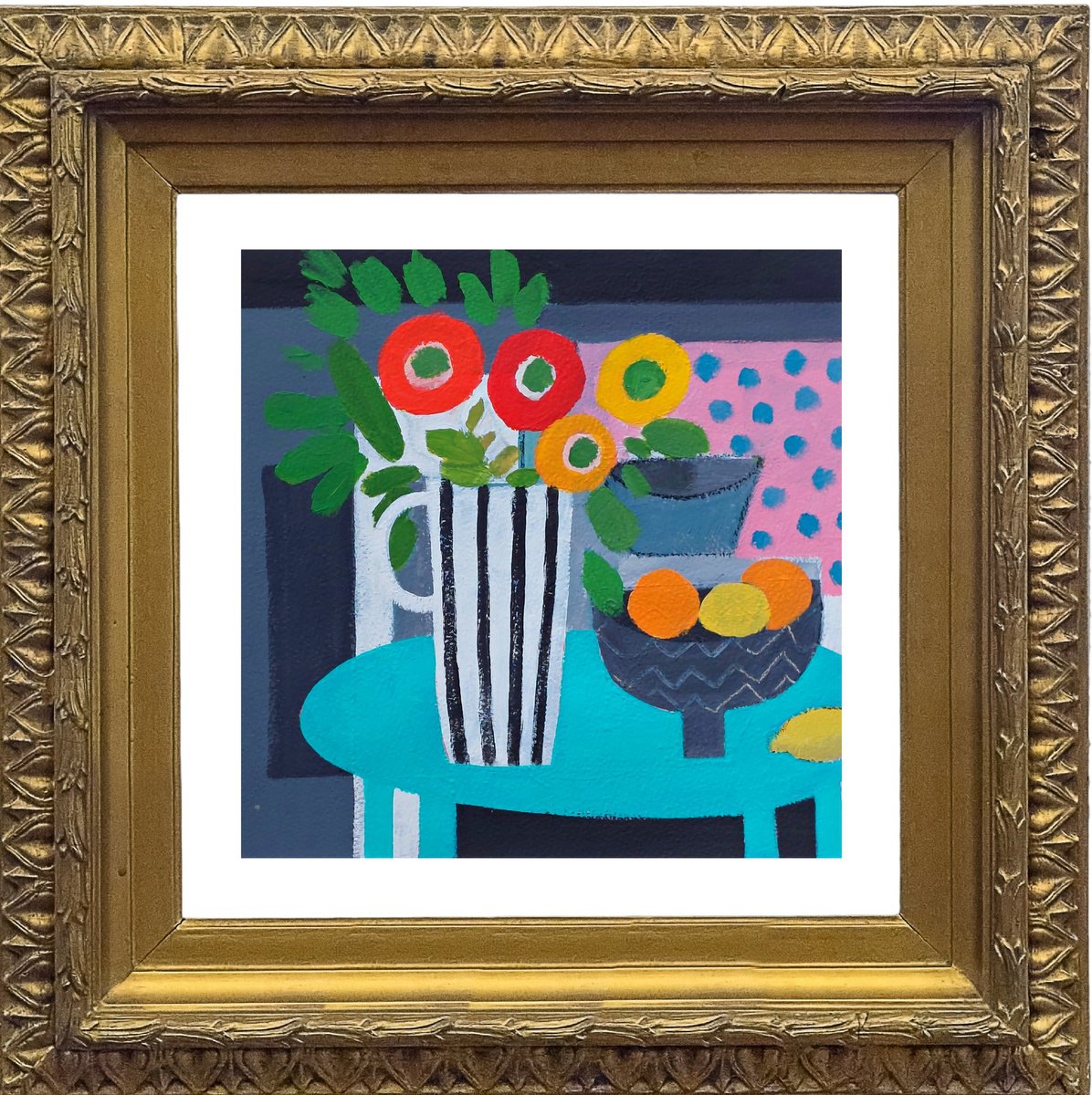 Naive Acrylic Painting , The Blue Table By Jan Rippingham, 13 X 13, Artwork For Sale On Artfinder