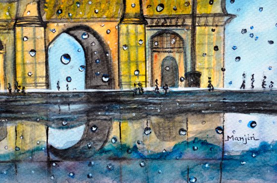 Gateway of India rainy watercolor landscape painting on sale