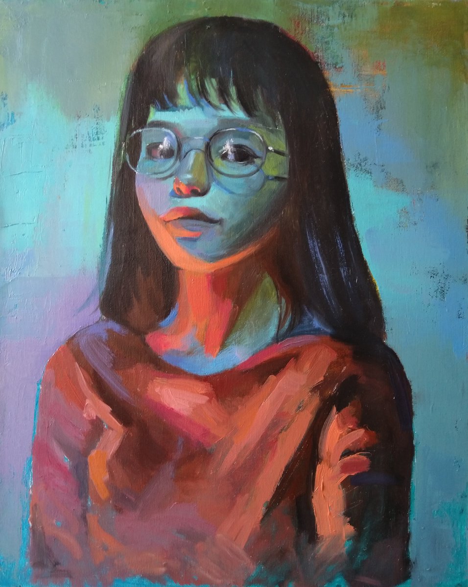 Impressionistic Portrait Oil Painting By Kamsar Ohanyan, 16 X 20", The Girl With Glasses, Original Artwork