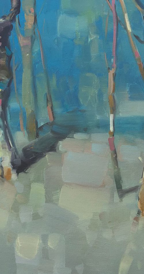 Moon Trees, Landscape oil painting, Handmade artwork, by Vahe Yeremyan