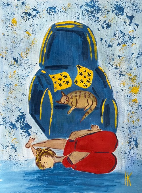 Yoga with cat by Halyna Kirichenko