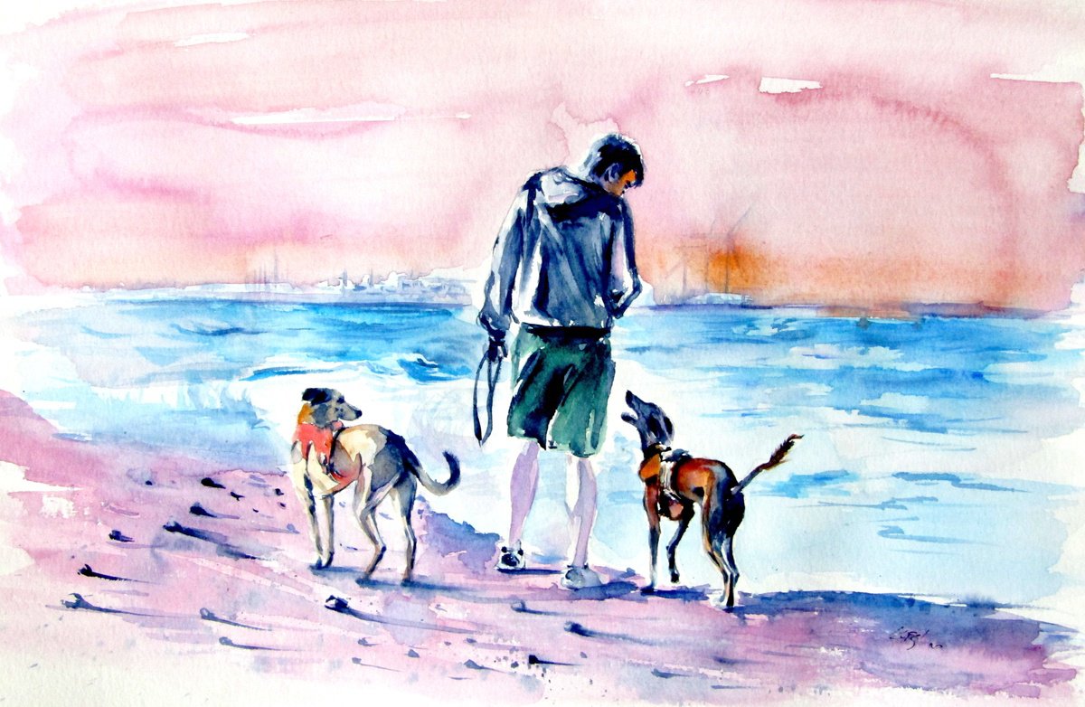 Impressionistic Landscape Watercolour By Kovacs Anna Brigitta, 20 X 13", Walk With Dogs, Original Artwork