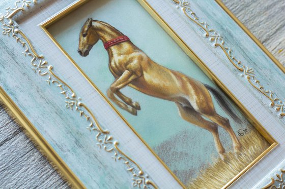 Small horse art in light teal blue frame Original pastel drawing