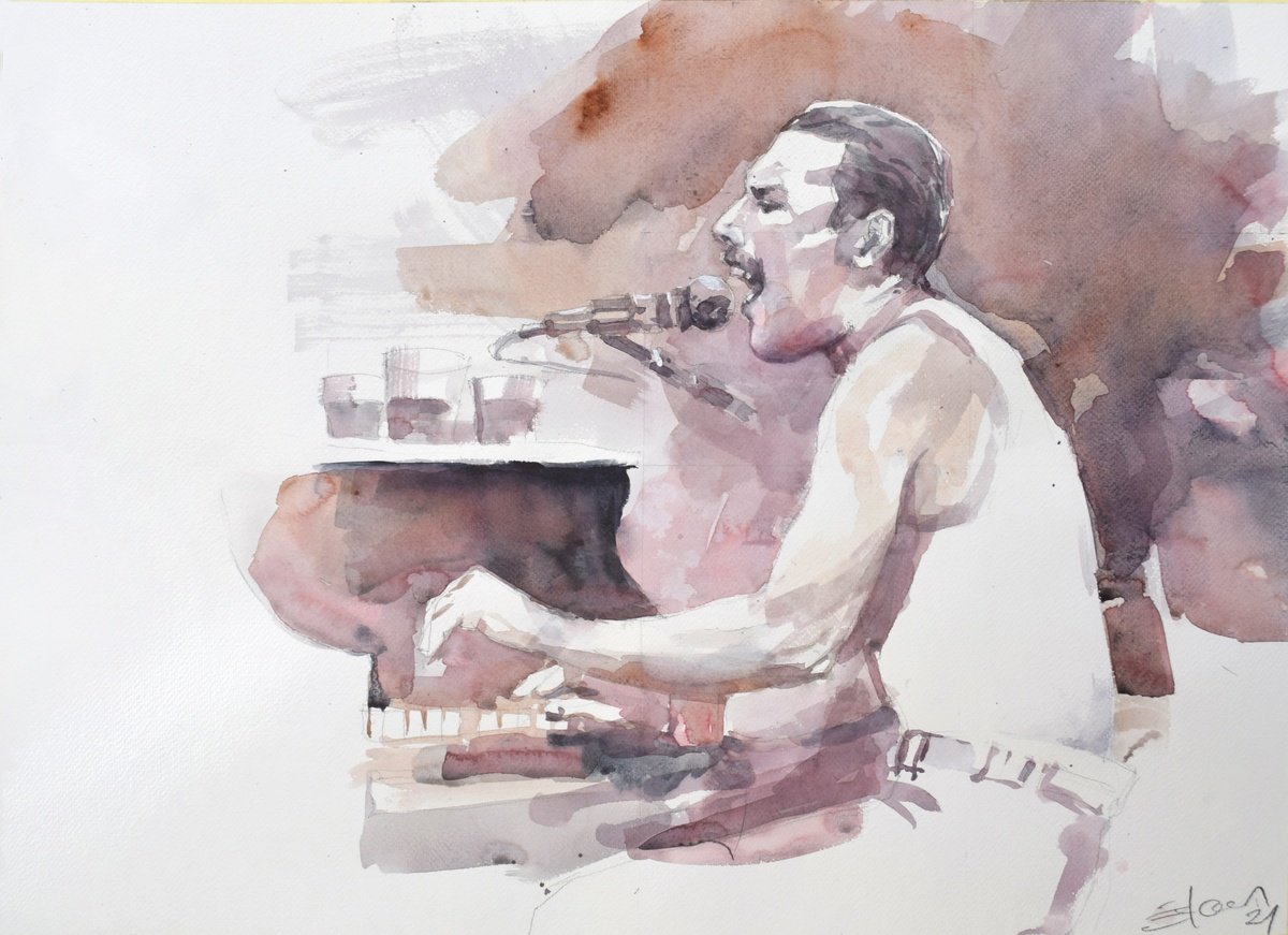 Expressive Portrait Watercolour By Goran Zigolic Watercolors, 28 X 20, Freddie Mercury At The Piano, Original Artwork