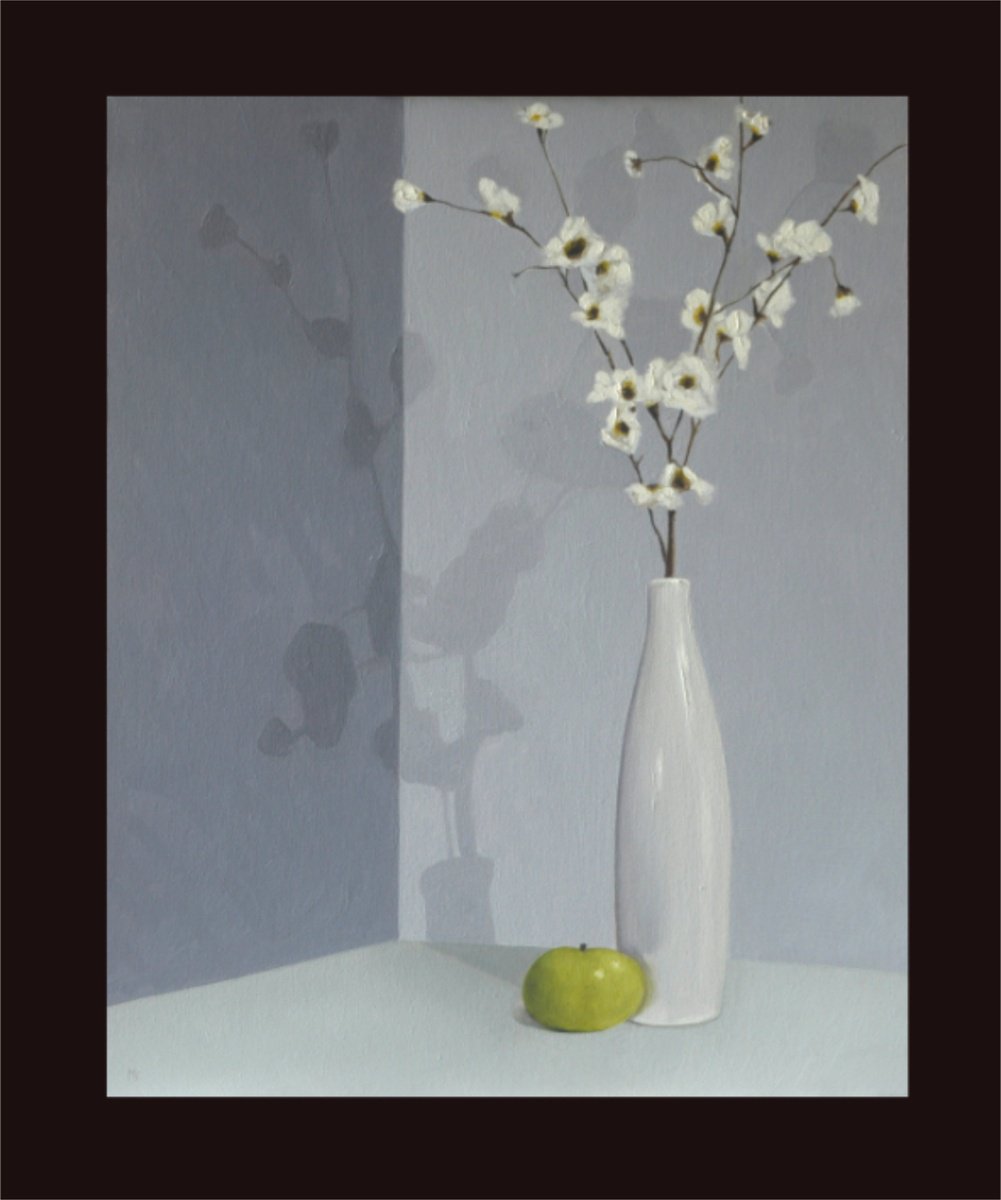 White vase, flowers and apple by Mike Skidmore