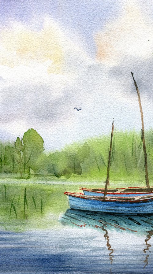 Sailing boats on a river original watercolor artwork , farmhouse decor, cloudy landscape by Irina Povaliaeva