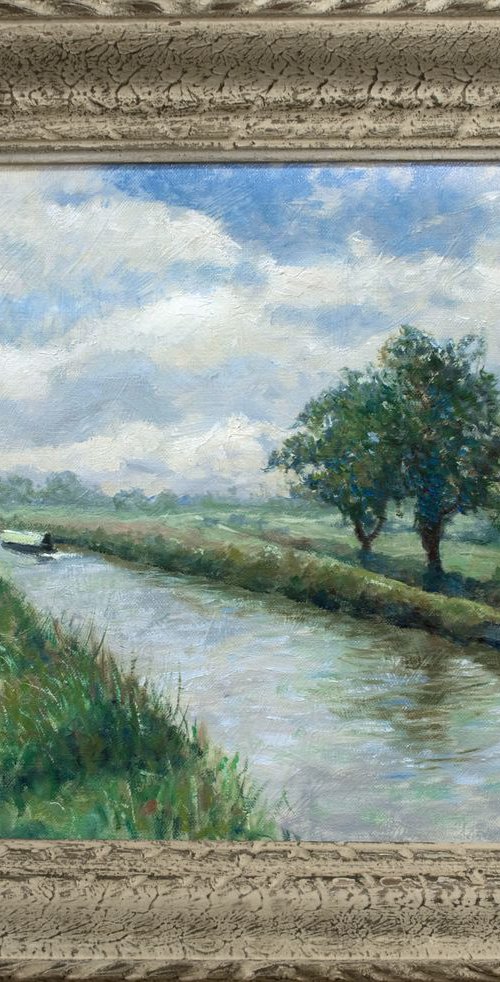 A morning walk by the canal. Impressionist oil painting, with antique frame. by Gav Banns