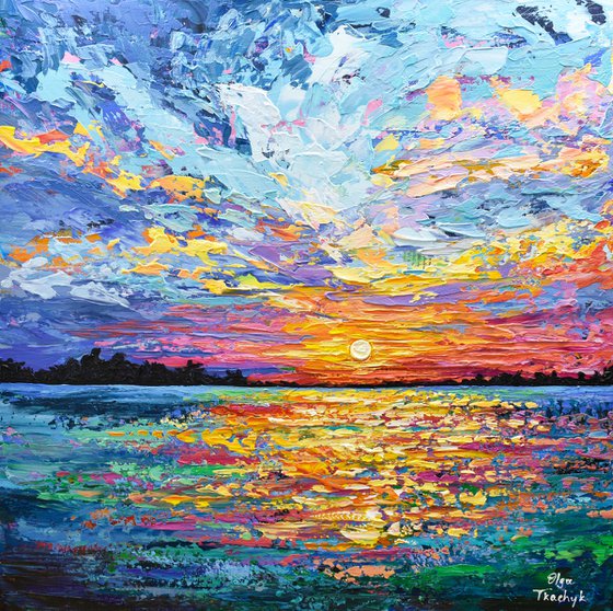 Magical Sunset - Original Sunset Painting on Canvas, Heavy impasto seascape artwork