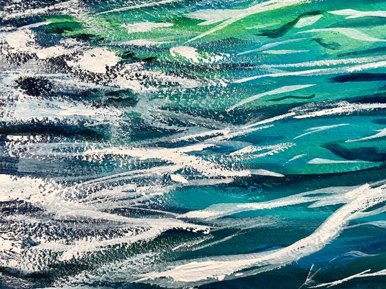 Ocean Gouache Painting, Sea Water Original Artwork, Coastal Wall Art