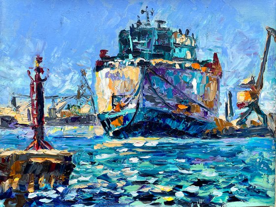 Ship in the Black Sea, 47*37cm, impressionistic oil impasto landscape painting